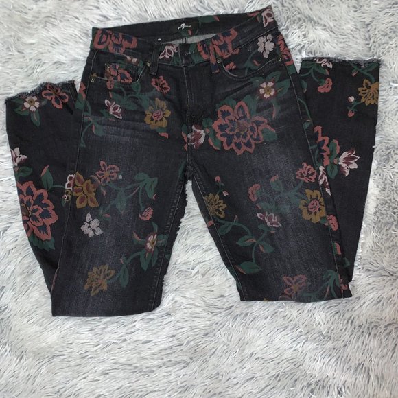7 FOR ALL MANKIND Roxanne Floral-print Skinny Ankle Jeans W/ Raw Hem  Size: 26 - Picture 2 of 4